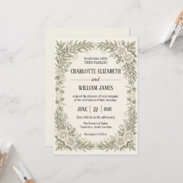 Convites Casamento com Borda de Rosa Oliva Marfim
