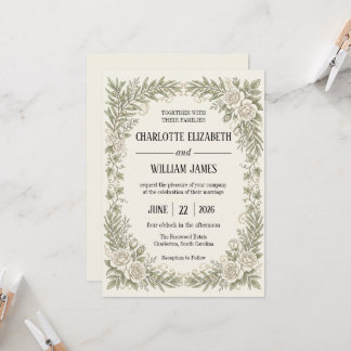 Convites Casamento com Borda de Rosa Oliva Marfim