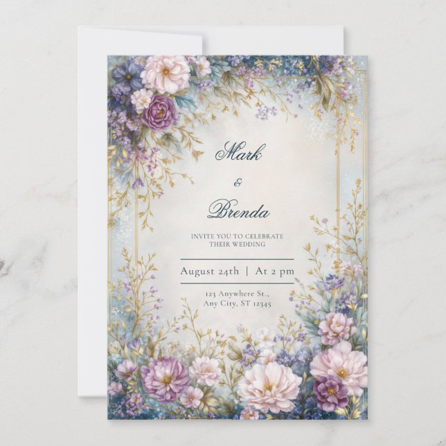 Convites Casamento com Borda Dourada Índigo Lavanda Brilhan (Frente)