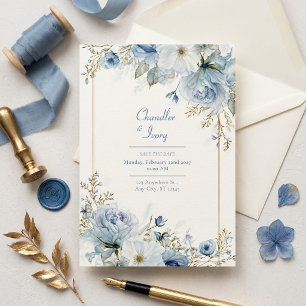 Convites Casamento com Borda em Dourado Rosa e Azul Ardósia
