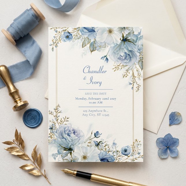 Convites Casamento com Borda em Dourado Rosa e Azul Ardósia (Criador carregado)