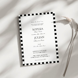 Convites Casamento com Borda Xadrez Preto e Branco Elegante