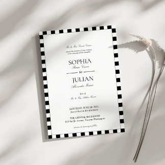 Convites Casamento com Borda Xadrez Preto e Branco Elegante
