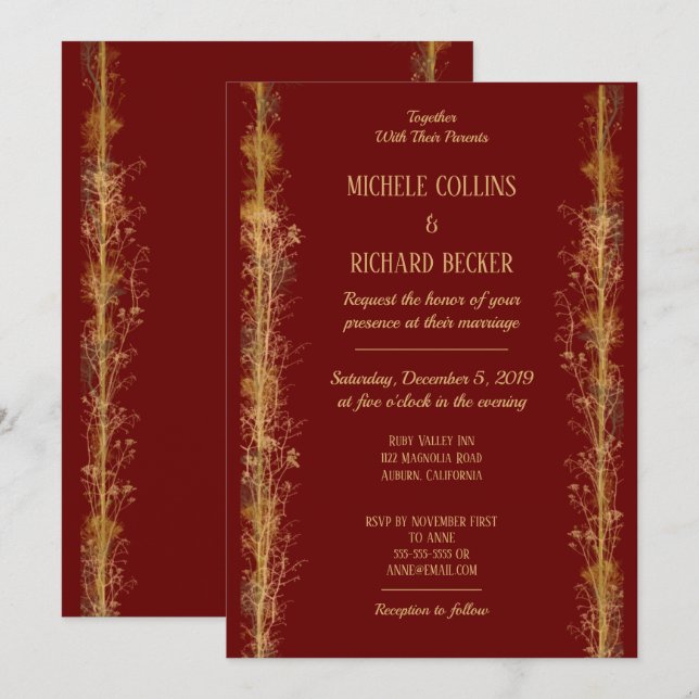 Convites Casamento com Bordadura Botânica Dourada Chic (Frente/Verso)