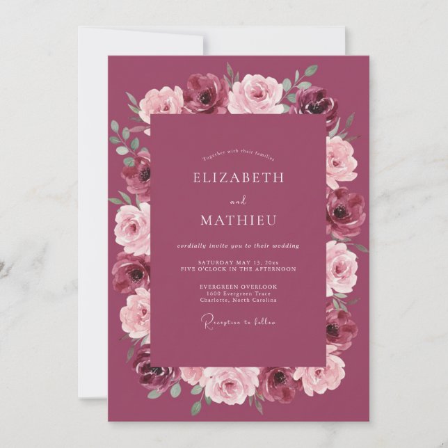 Convites Casamento com Bordadura Floral Borgonha (Frente)