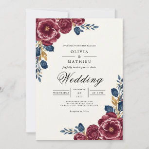 Convites Casamento com Bordadura Floral de Ameixa Profunda