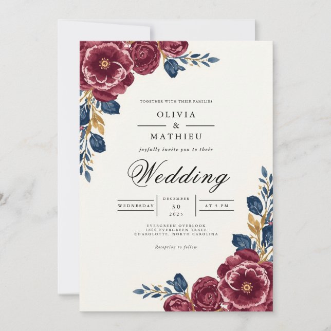 Convites Casamento com Bordadura Floral de Ameixa Profunda (Frente)
