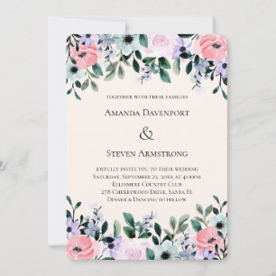 Convites Casamento com Bordadura Floral em Aquarela Rosa e 