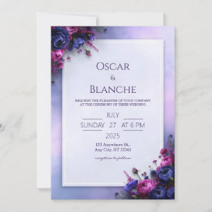 Convites Casamento com Bordadura Floral Índigo Fúcsia