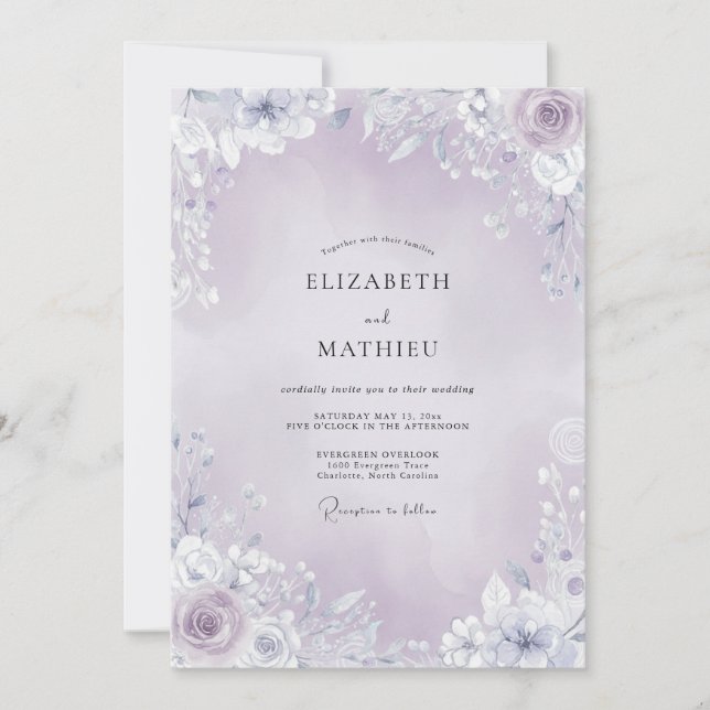 Convites Casamento com Bordadura Floral Leve de Lavanda (Frente)