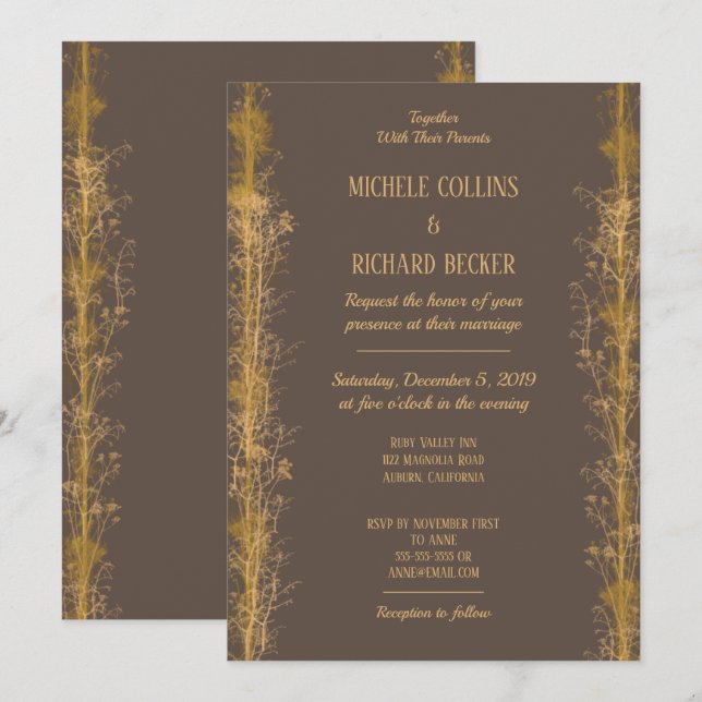 Convites Casamento com Bordas Botânicas em Dourado Chic (Frente/Verso)
