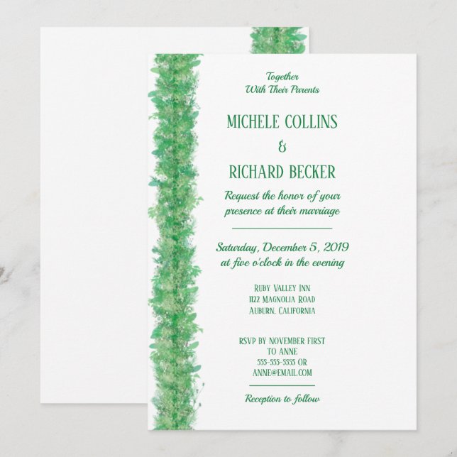 Convites Casamento com Bordas Botânicas Verdes Elegantes (Frente/Verso)