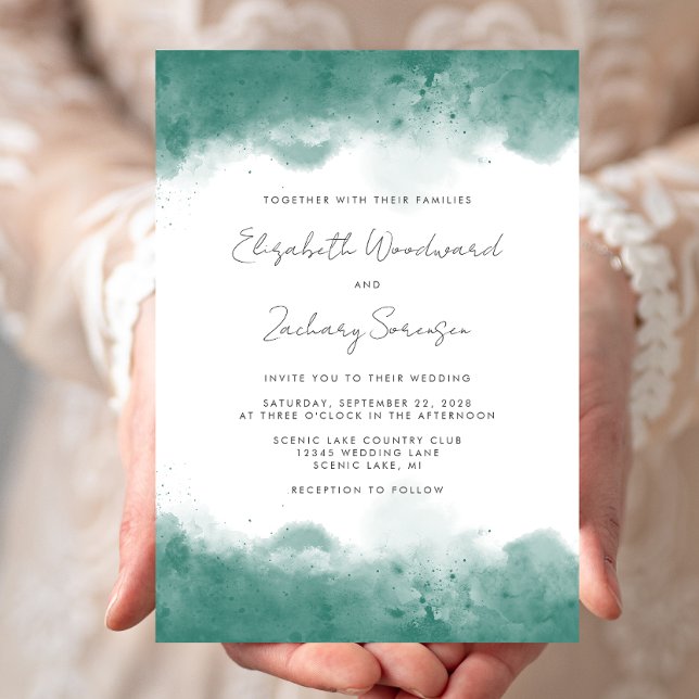 Convites Casamento com Bordas de Aquarela Azul Moderno (Criador carregado)