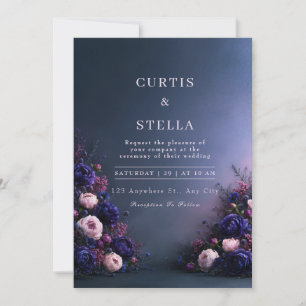 Convites Casamento com Bordas Florais de Índigo à Meia-Noit