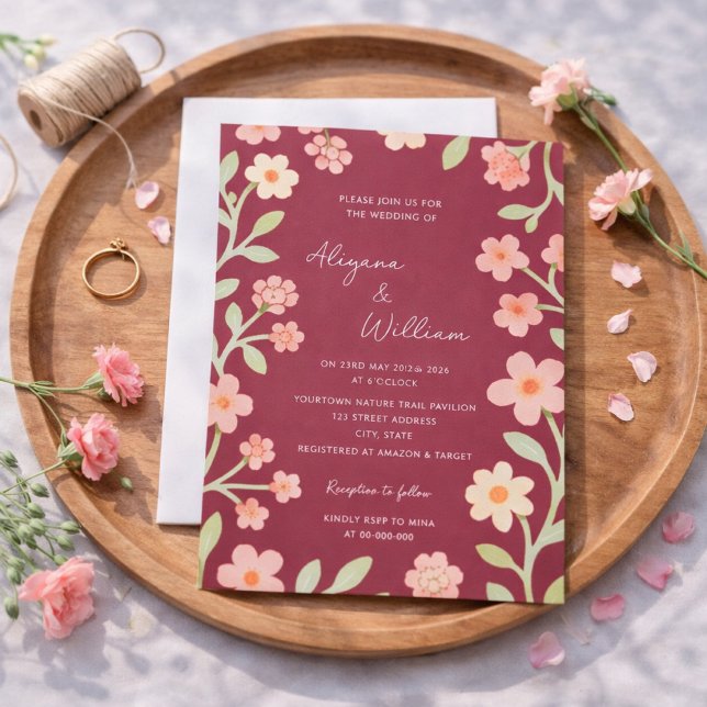 Convites Casamento com Bordas Florais Rosa Elegante e Capri (Criador carregado)