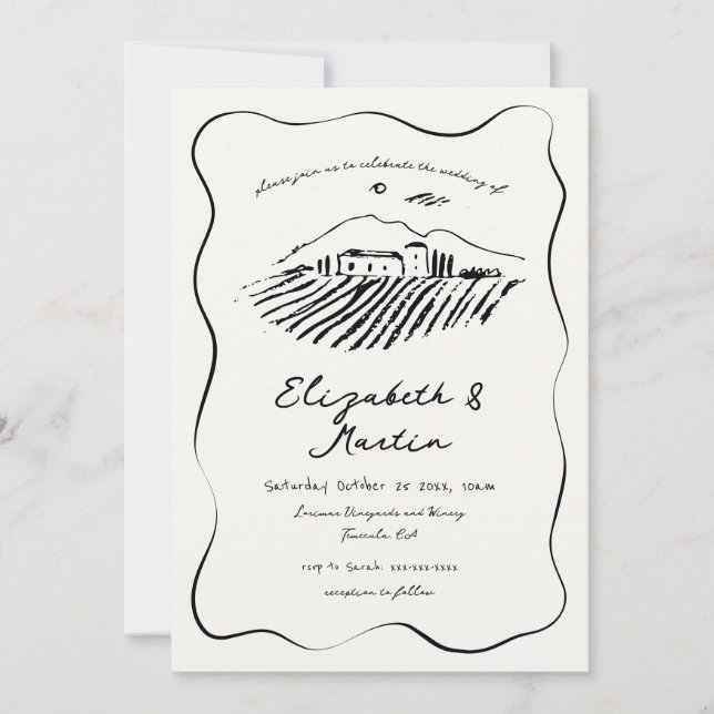 Convites Casamento com Bordas Onduladas de Vinhedo Desenhad (Frente)