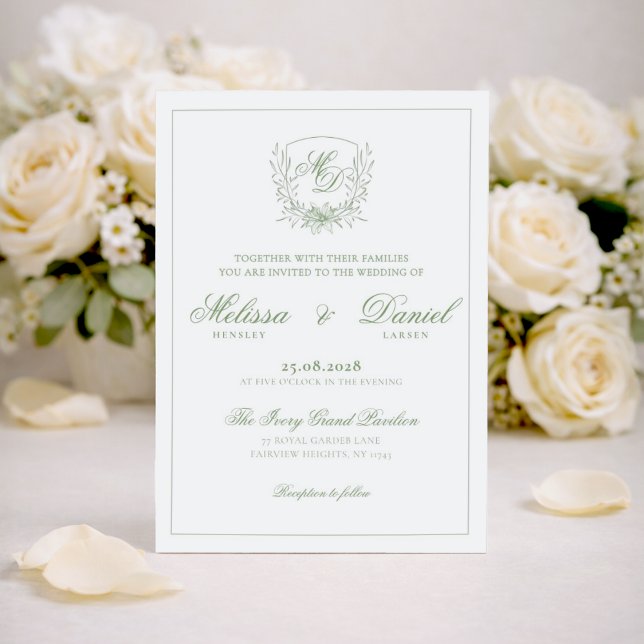 Convites Casamento com Brasão Botânico em Verde Sage Elegan (Criador carregado)