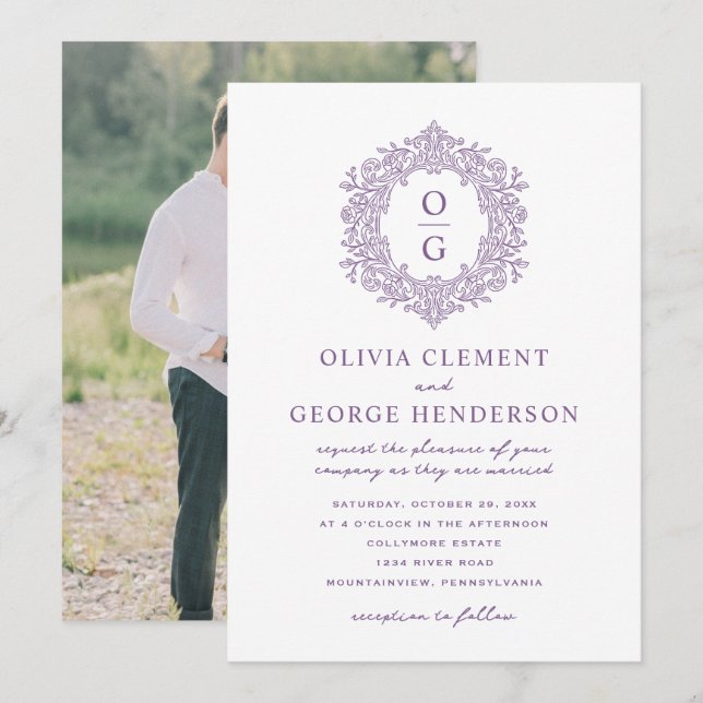 Convites Casamento com Brasão de Herança Roxa Elegante (Frente/Verso)