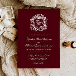 Convites Casamento com Brasão de Monograma Burgundy Elegant