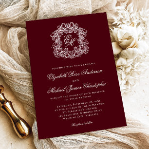 Convites Casamento com Brasão de Monograma Burgundy Escuro