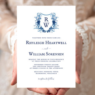 Convites Casamento com Brasão de Monograma de Aquarela Azul