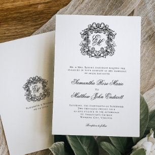 Convites Casamento com Brasão de Monograma Preto e Branco V