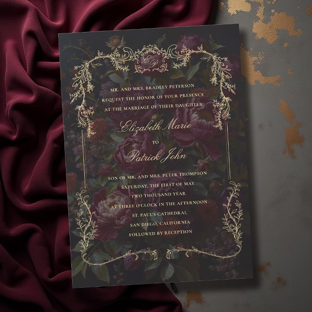 Convites Casamento com Brasão Dourado Botânico Vitoriano So (moody wedding invitation victorian botanical crest frame dark gothic romance whimsigoth theme)