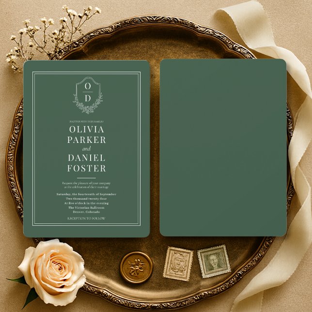 Convites Casamento com Brasão Elegante em Verde Esmeralda (Criador carregado)