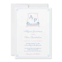 Casamento com Brasão em Aquarela Rosa e Azul Elega