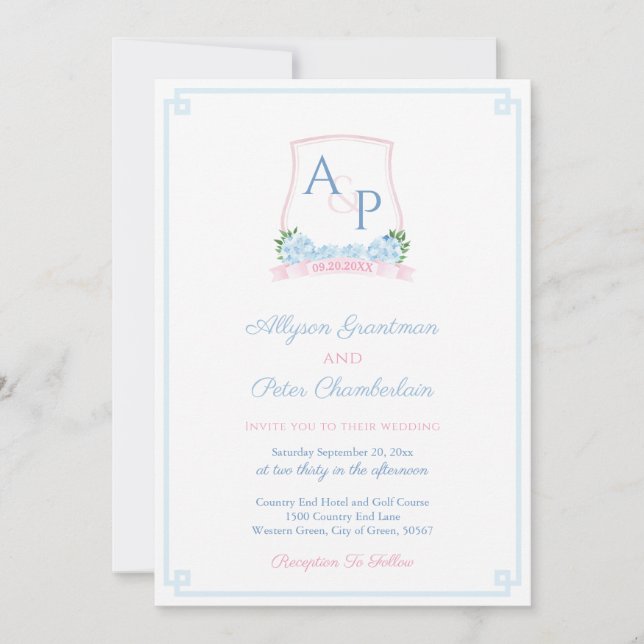 Convites Casamento com Brasão em Aquarela Rosa e Azul Elega (Frente)