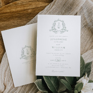 Convites Casamento com Brasão Floral Monograma em Verde Sál