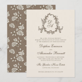 Convites Casamento com Brasão Floral Monogramado Marrom Vin
