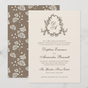 Convites Casamento com Brasão Floral Monogramado Marrom Vin