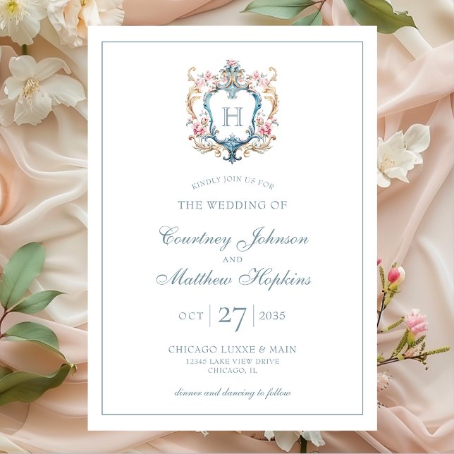 Convites Casamento com Brasão Floral Monogramado Vintage (Criador carregado)