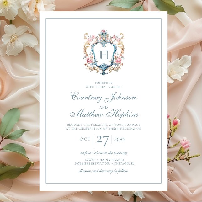 Convites Casamento com Brasão Floral Monogramado Vintage (Criador carregado)