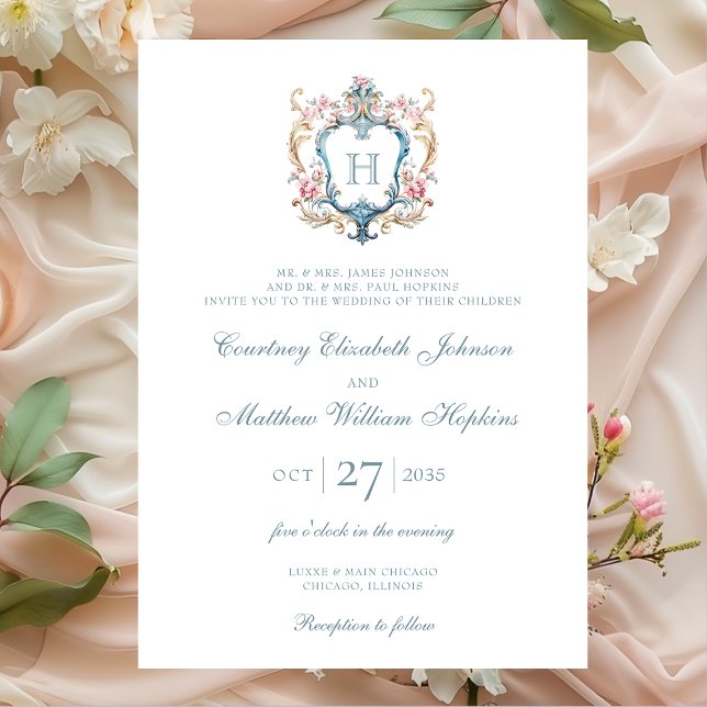 Convites Casamento com Brasão Floral Monogramado Vintage (Criador carregado)