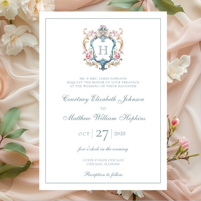 Convites Casamento com Brasão Floral Monogramado Vintage (Criador carregado)