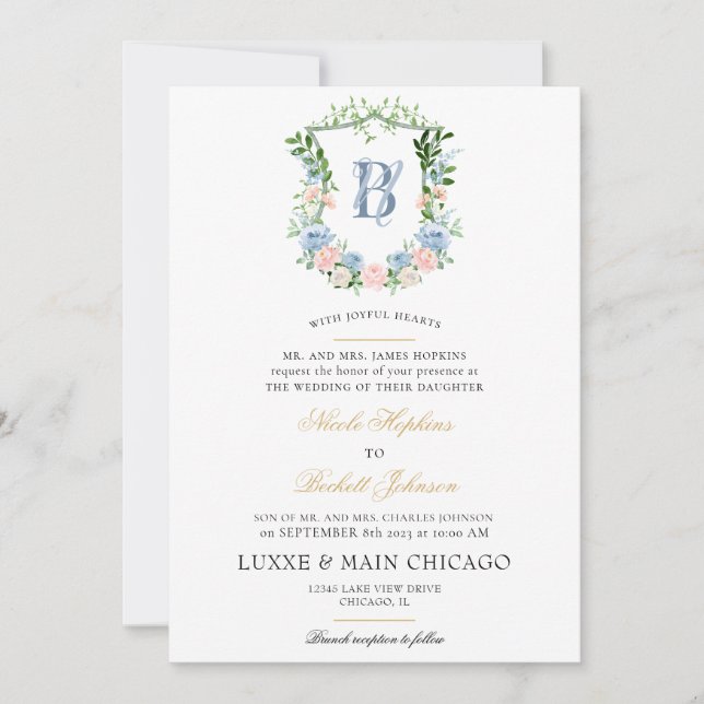 Convites Casamento com Brasão Floral Rosa (Frente)