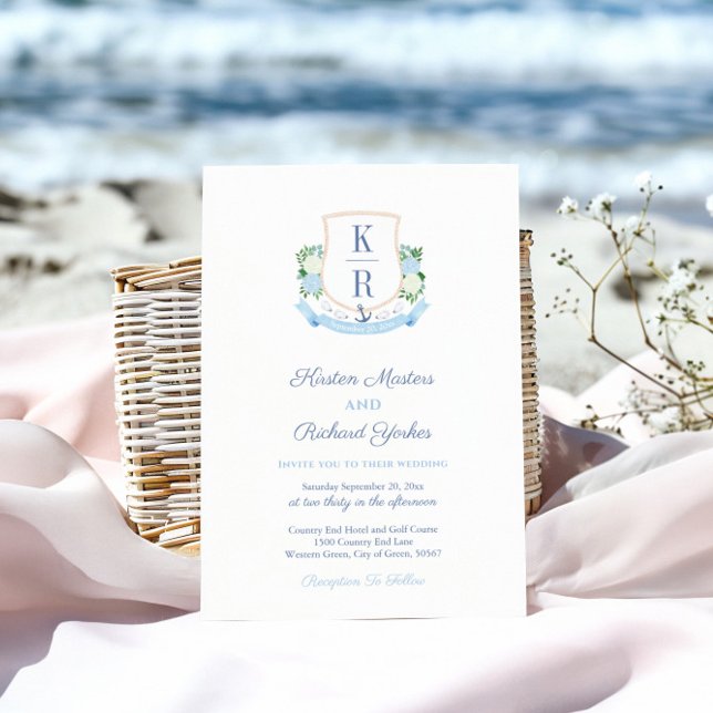 Convites Casamento com Brasão Monograma Azul Celeste Elegan (Coastal wedding invitation featuring handpainted watercolor crest with oyster shells and anchor)