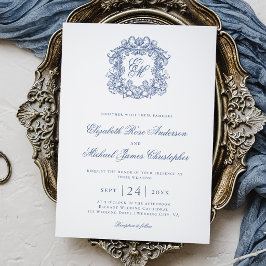 Convites Casamento com Brasão Monograma Azul Elegante Vinta