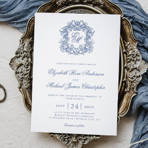 Convites Casamento com Brasão Monograma Azul Elegante Vinta