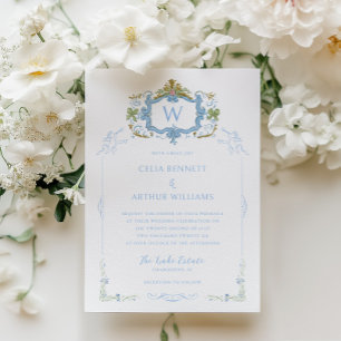 Convites Casamento com Brasão Monograma Azul Rococó