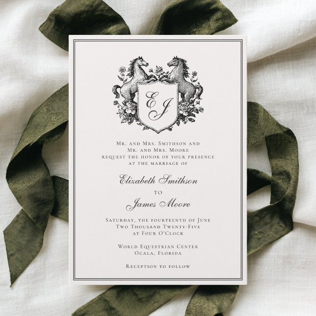 Convites Casamento com Brasão Monograma de Cavalo Equestre  (Criador carregado)