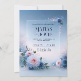 Convites Casamento com Brilho Azul de Dália Rosada