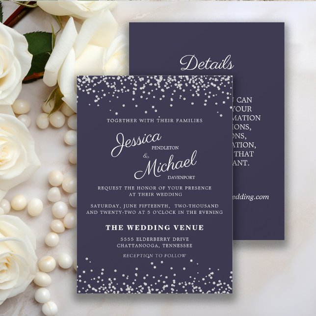 Convites Casamento com Brilho Azul Marinho Prata e Detalhes (Elegant navy blue and silver glitter 2-sided wedding invitation and details card.  )