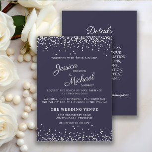 Convites Casamento com Brilho Azul Marinho Prata e Detalhes