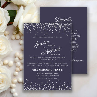 Convites Casamento com Brilho Azul Marinho Prata e Detalhes