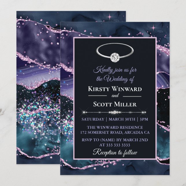 Convites Casamento com Brilho de Ágata Roxo Azul Escuro Ros (Frente/Verso)