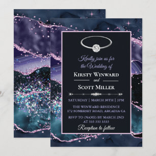 Convites Casamento com Brilho de Ágata Roxo Azul Escuro Ros