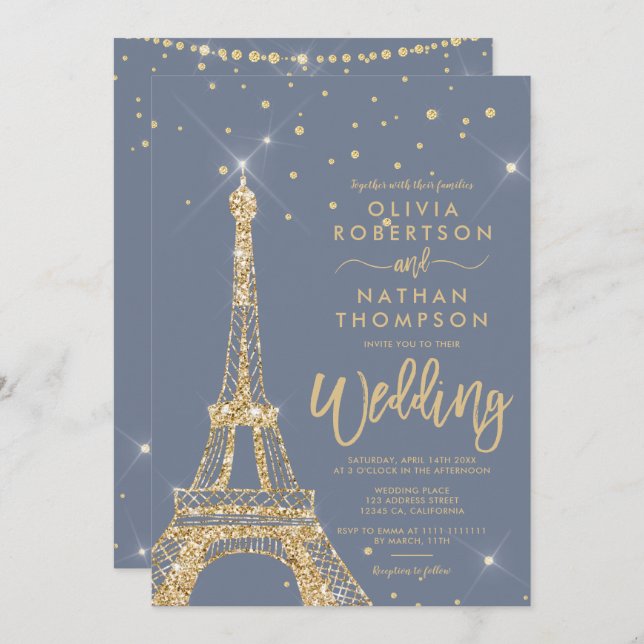 Convites Casamento com brilho de ouro em torre Eiffel (Frente/Verso)